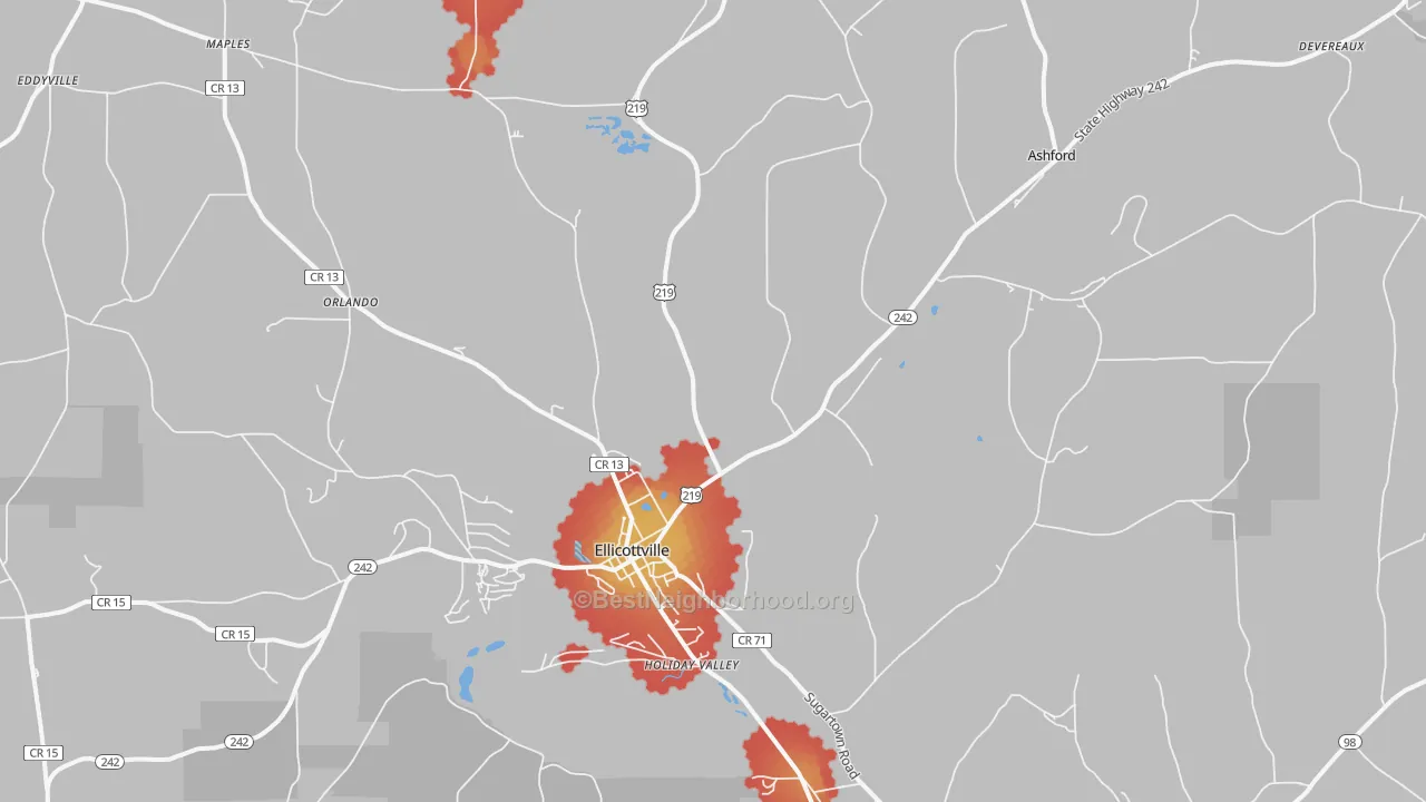 Walk Grade map of Ellicottville, NY, walkable areas in green and car-dependent areas in red