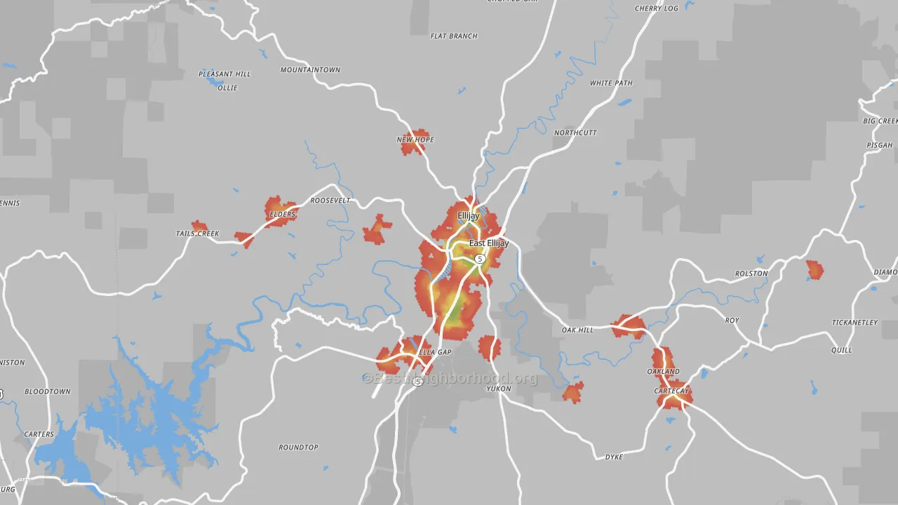 Walk Grade map of Ellijay, GA, walkable areas in green and car-dependent areas in red