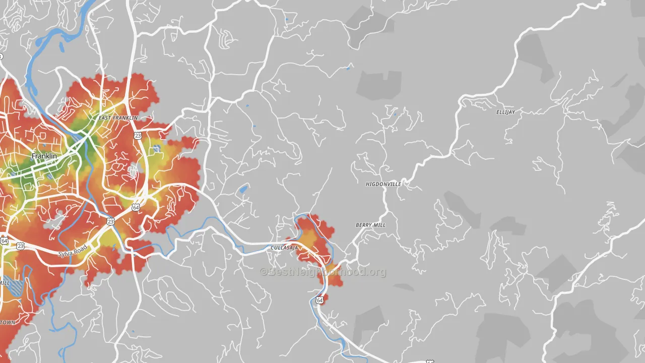 Walk Grade map of Ellijay, NC, walkable areas in green and car-dependent areas in red