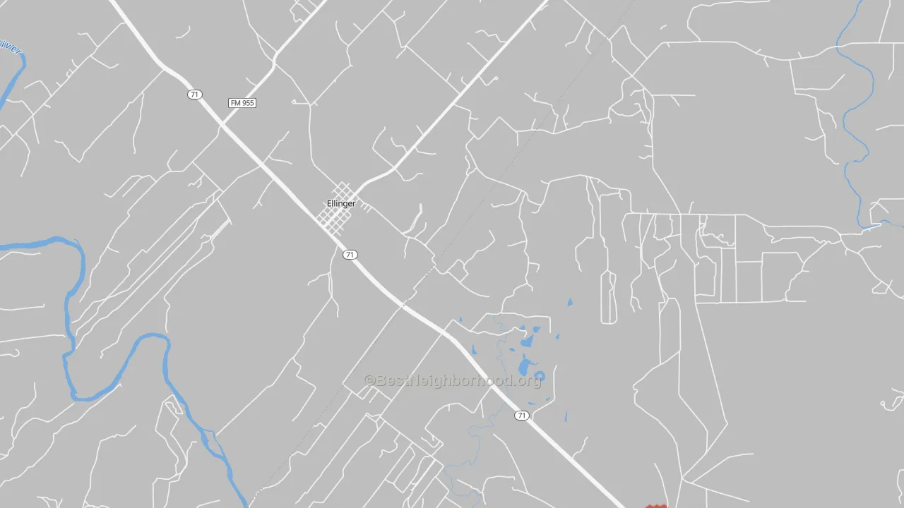 Walk Grade map of Ellinger, TX, walkable areas in green and car-dependent areas in red