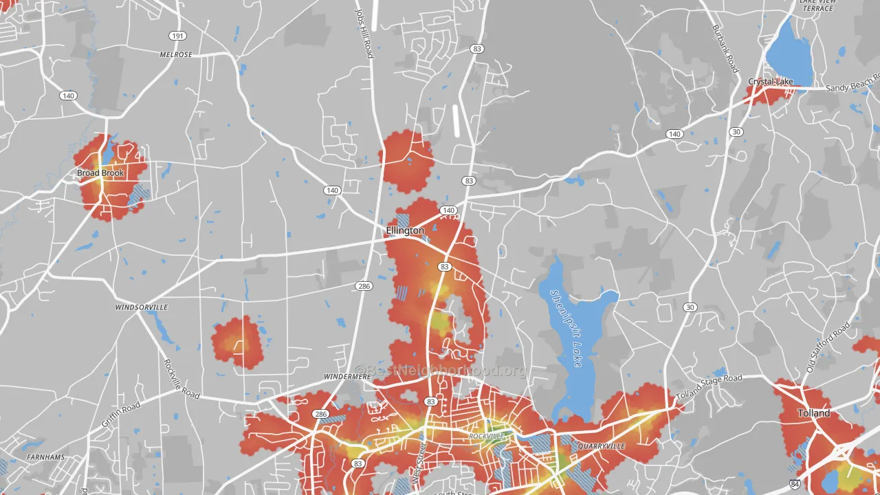 Walk Grade map of Ellington, CT, walkable areas in green and car-dependent areas in red