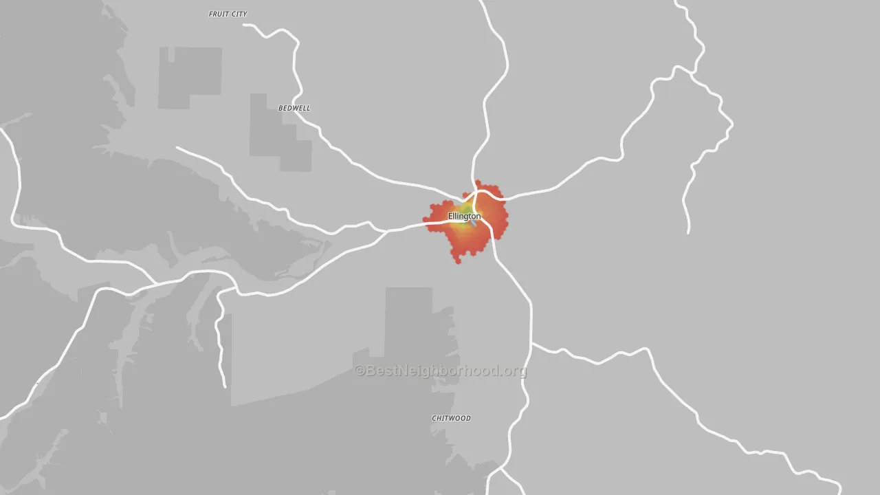 Walk Grade map of Ellington, MO, walkable areas in green and car-dependent areas in red