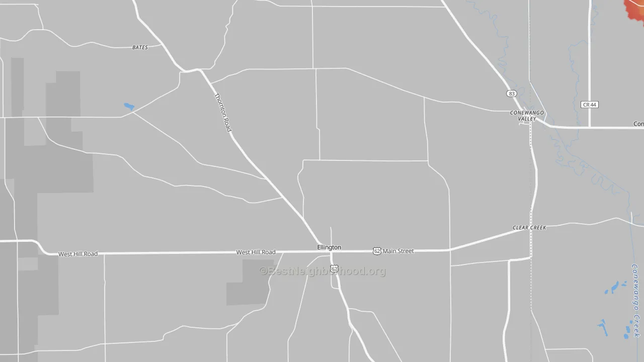 Walk Grade map of Ellington, NY, walkable areas in green and car-dependent areas in red