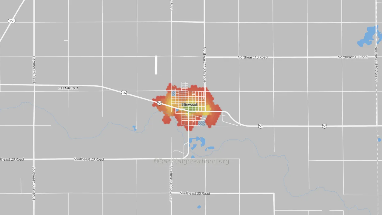 Walk Grade map of Ellinwood, KS, walkable areas in green and car-dependent areas in red