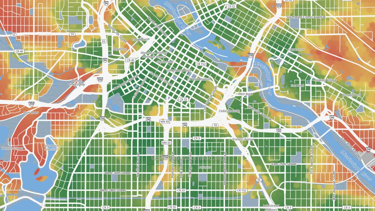 Walk Grade map of Elliot Park, Minneapolis, MN, walkable areas in green and car-dependent areas in red