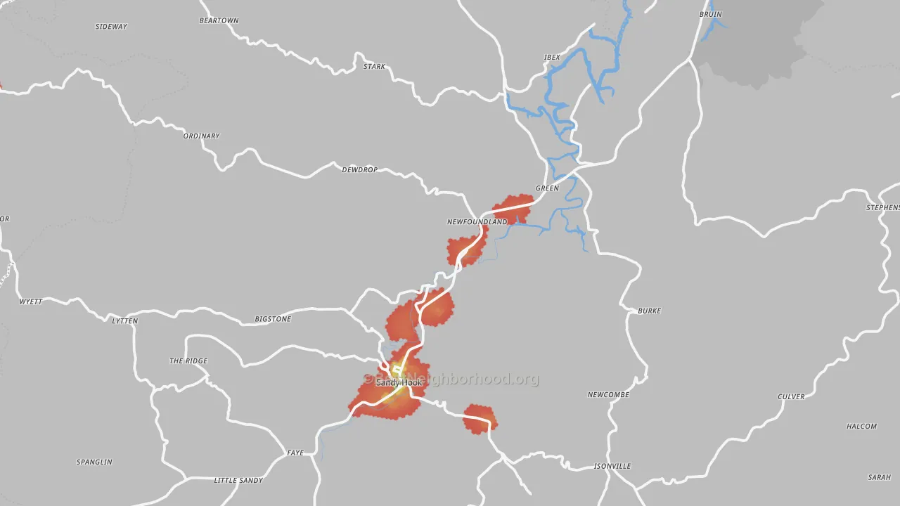 Walk Grade map of Elliott County, KY, walkable areas in green and car-dependent areas in red