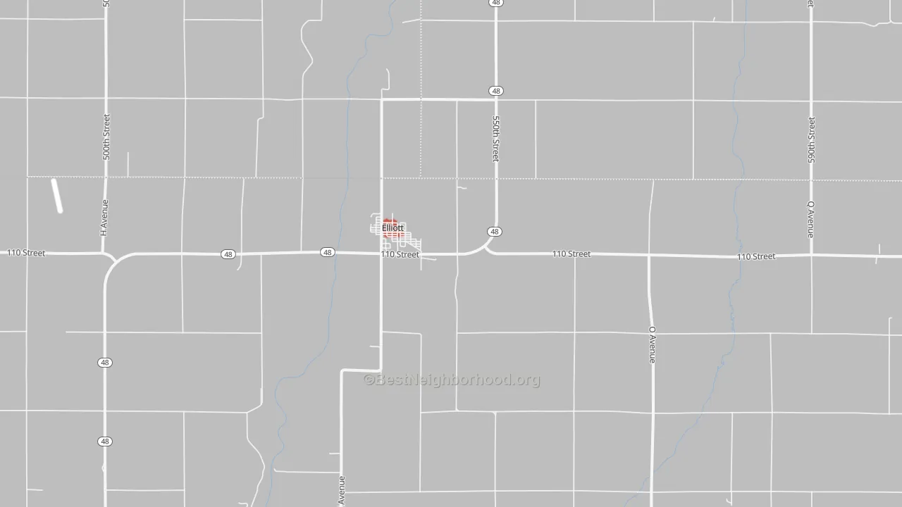 Walk Grade map of Elliott, IA, walkable areas in green and car-dependent areas in red