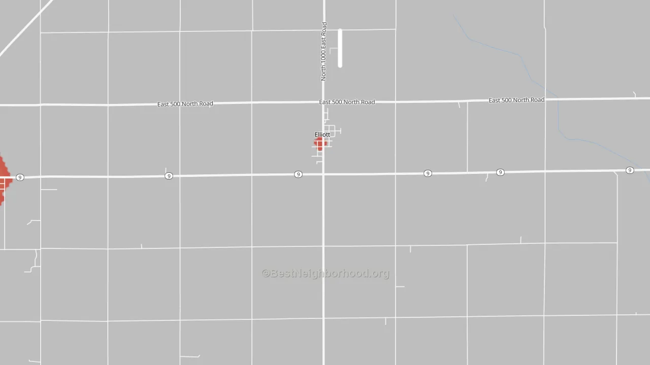 Walk Grade map of Elliott, IL, walkable areas in green and car-dependent areas in red