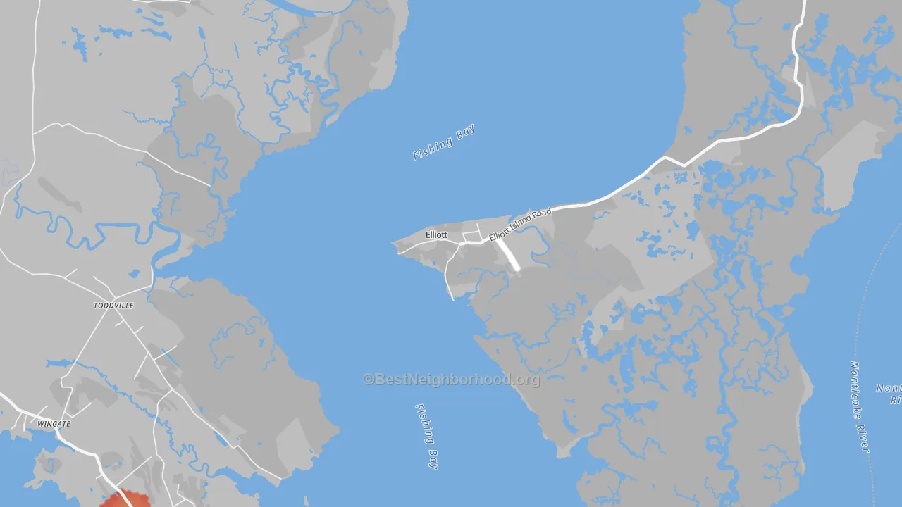 Walk Grade map of Elliott, MD, walkable areas in green and car-dependent areas in red