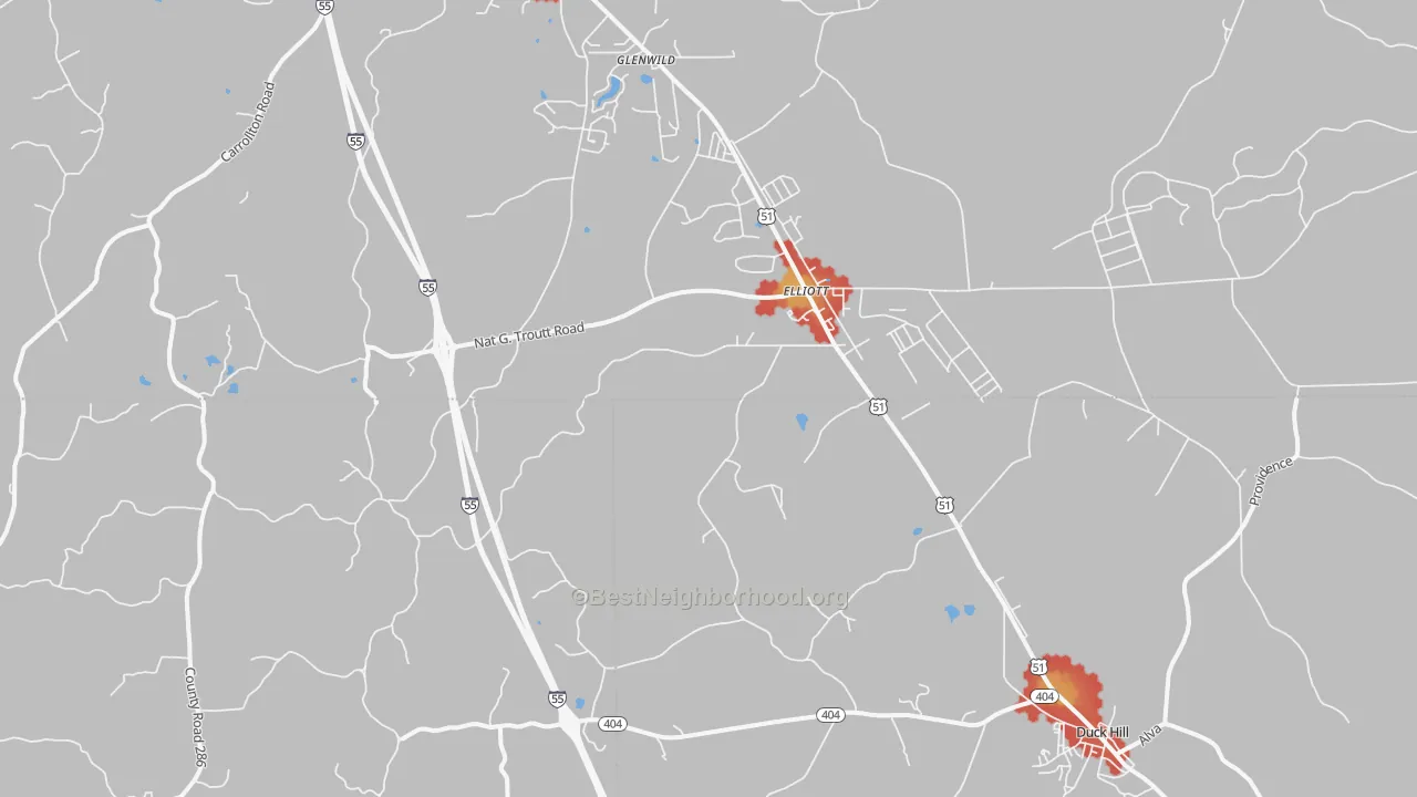 Walk Grade map of Elliott, MS, walkable areas in green and car-dependent areas in red