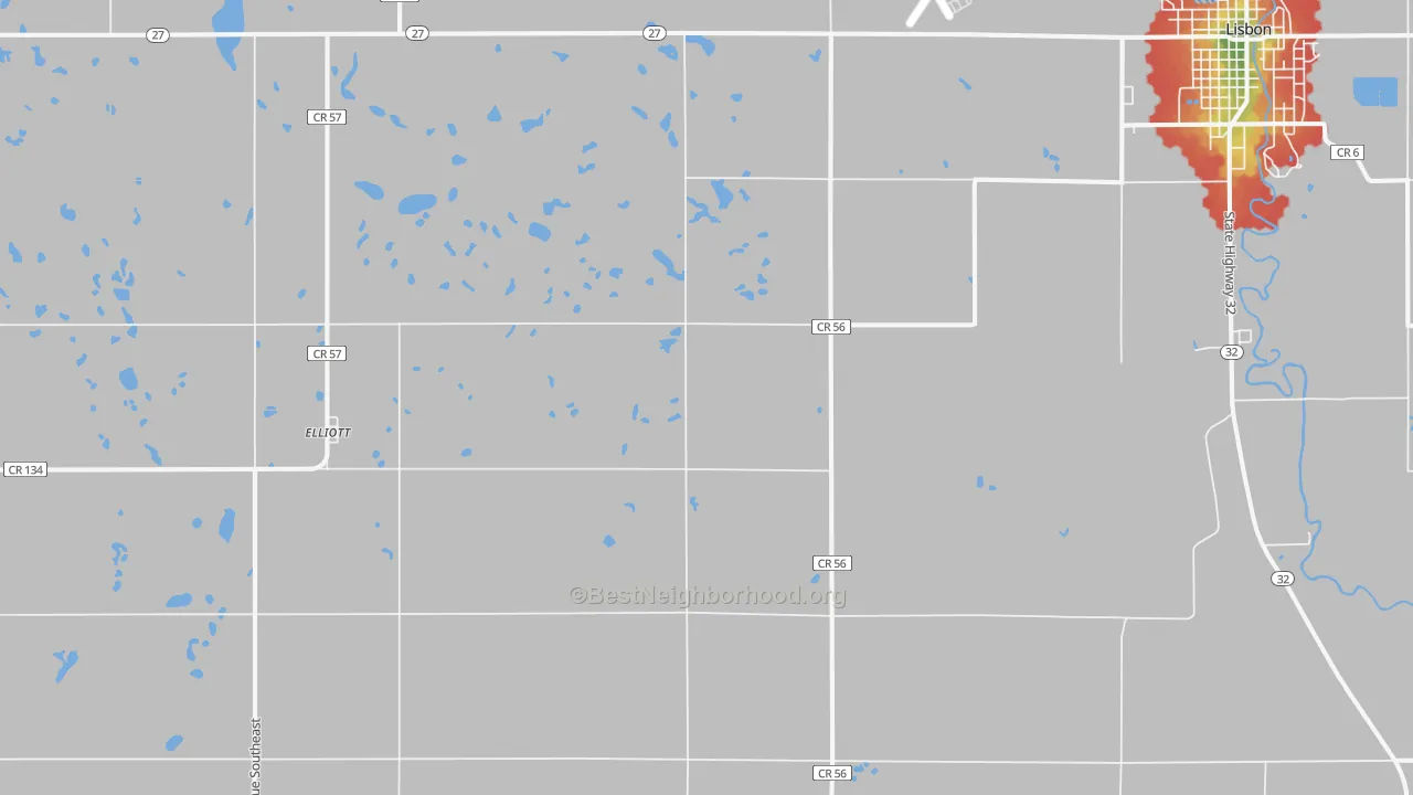 Walk Grade map of Elliott, ND, walkable areas in green and car-dependent areas in red