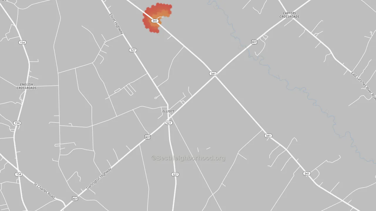 Walk Grade map of Elliott, SC, walkable areas in green and car-dependent areas in red