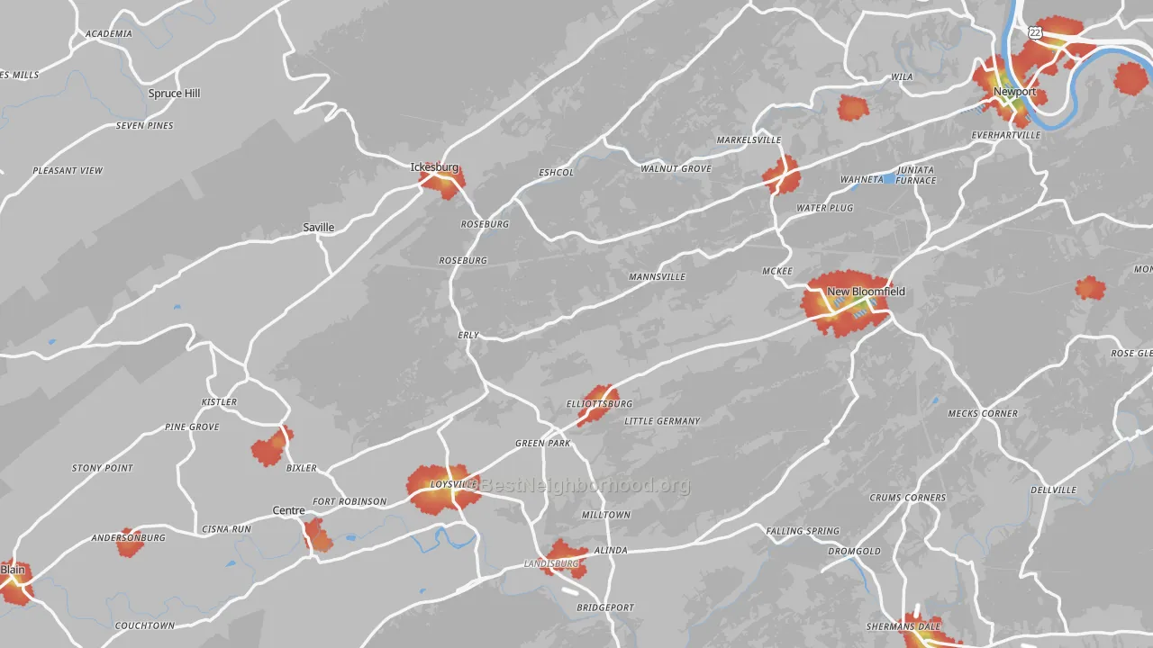 Walk Grade map of Elliottsburg, PA, walkable areas in green and car-dependent areas in red