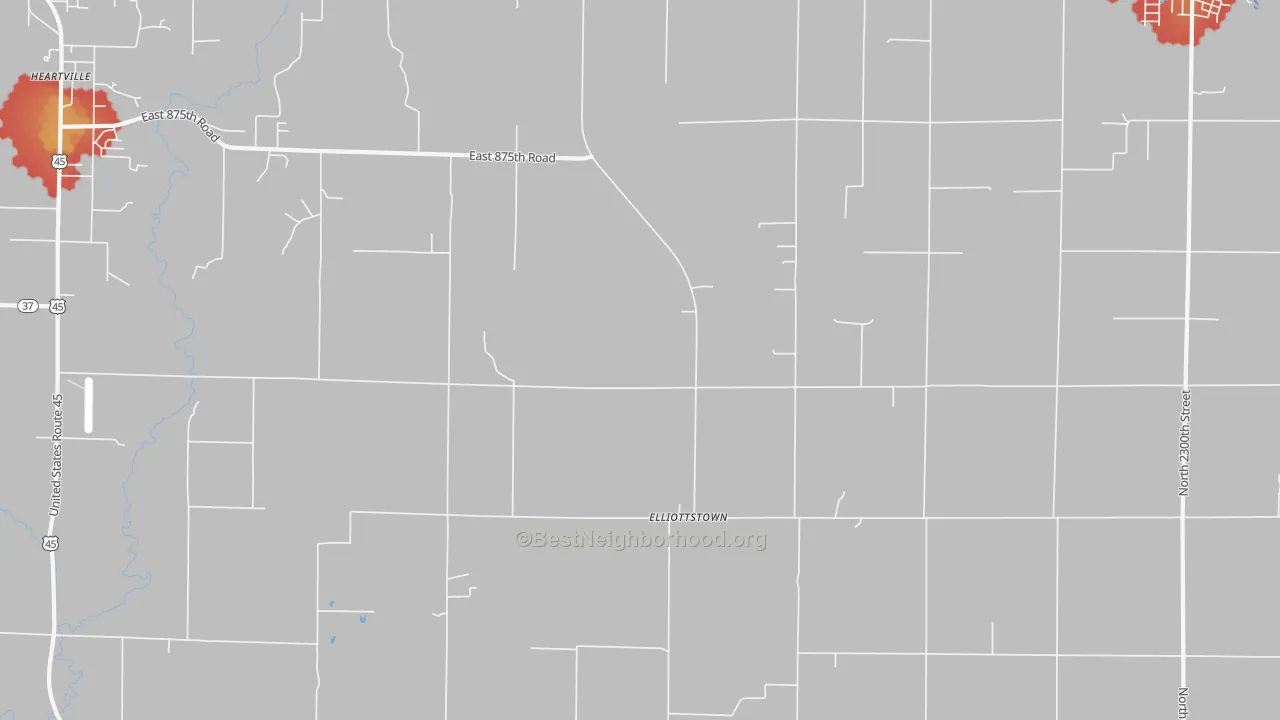 Walk Grade map of Elliottstown, IL, walkable areas in green and car-dependent areas in red