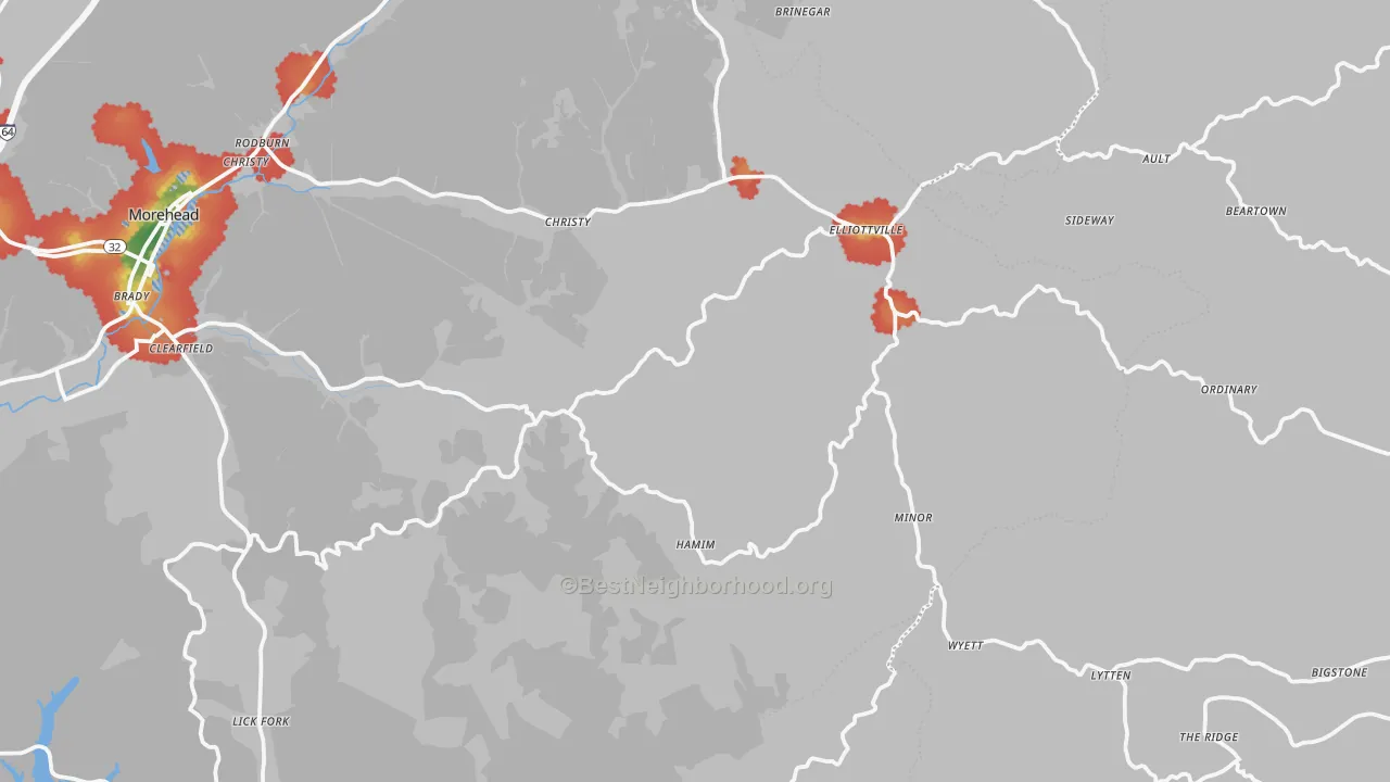 Walk Grade map of Elliottville, KY, walkable areas in green and car-dependent areas in red