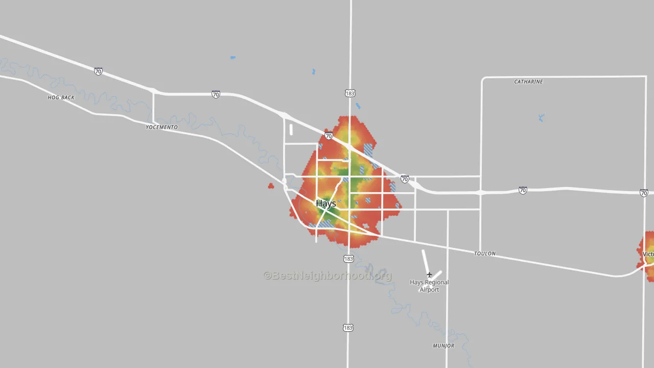 Walk Grade map of Ellis County, KS, walkable areas in green and car-dependent areas in red