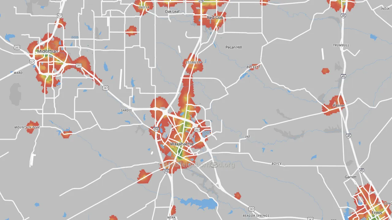 Walk Grade map of Ellis County, TX, walkable areas in green and car-dependent areas in red