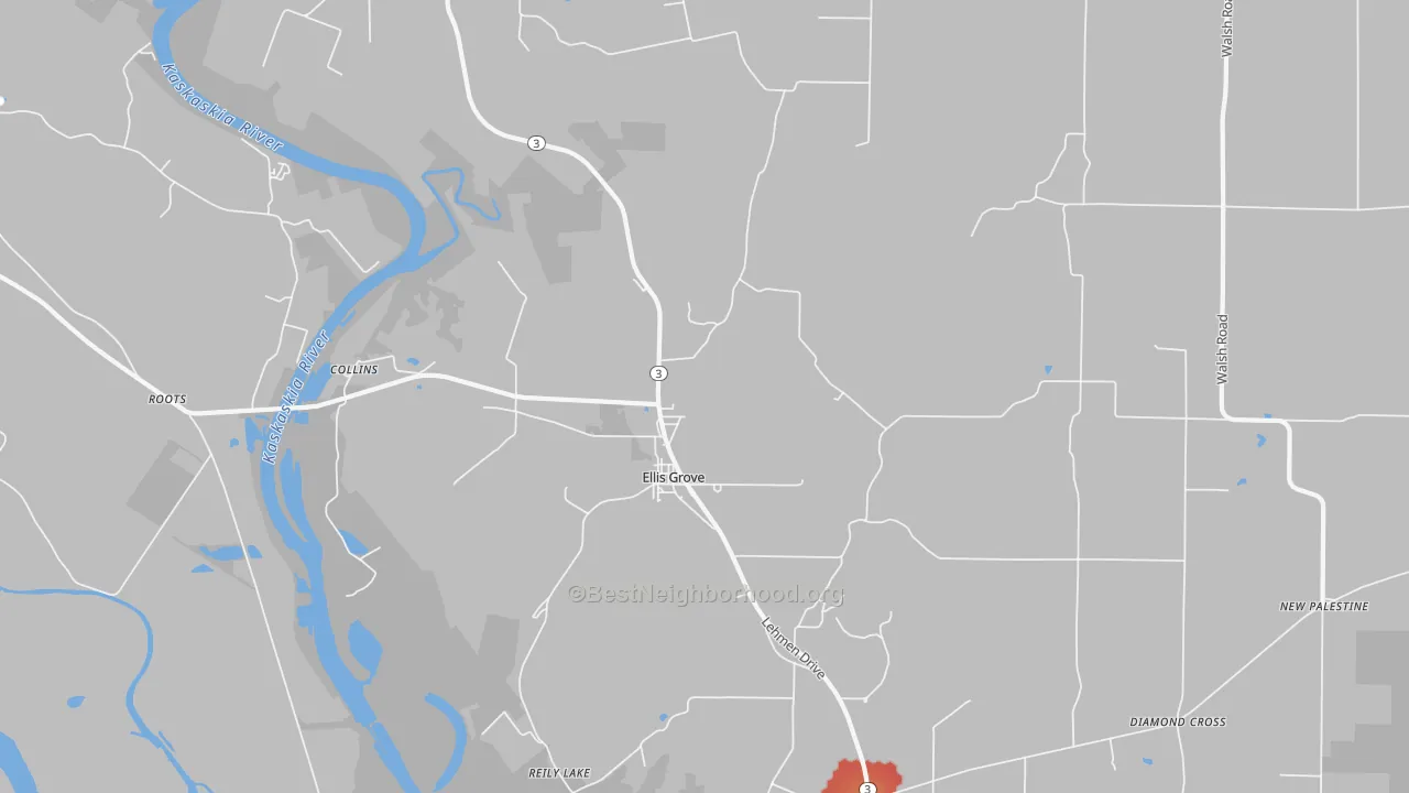 Walk Grade map of Ellis Grove, IL, walkable areas in green and car-dependent areas in red