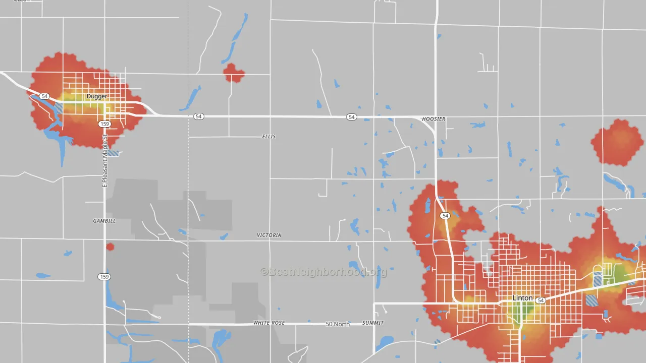Walk Grade map of Ellis, IN, walkable areas in green and car-dependent areas in red