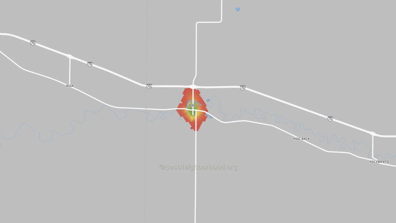 Walk Grade map of Ellis, KS, walkable areas in green and car-dependent areas in red