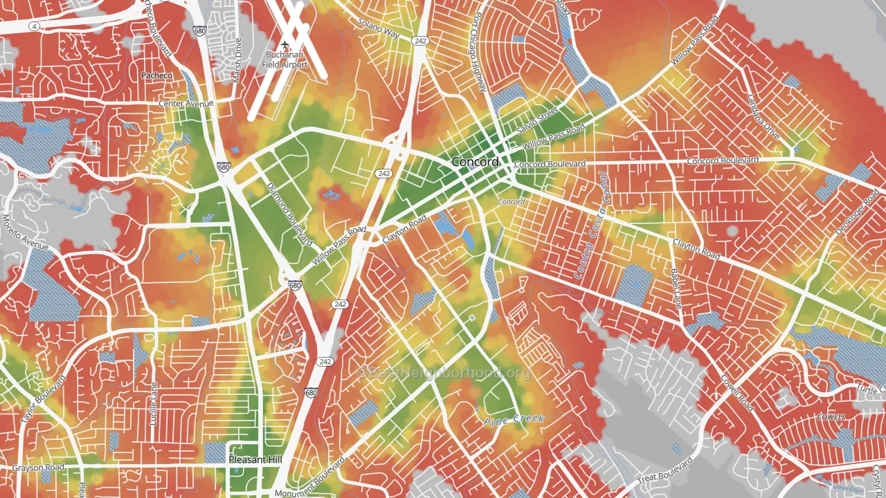Walk Grade map of Ellis Lake, Concord, CA, walkable areas in green and car-dependent areas in red