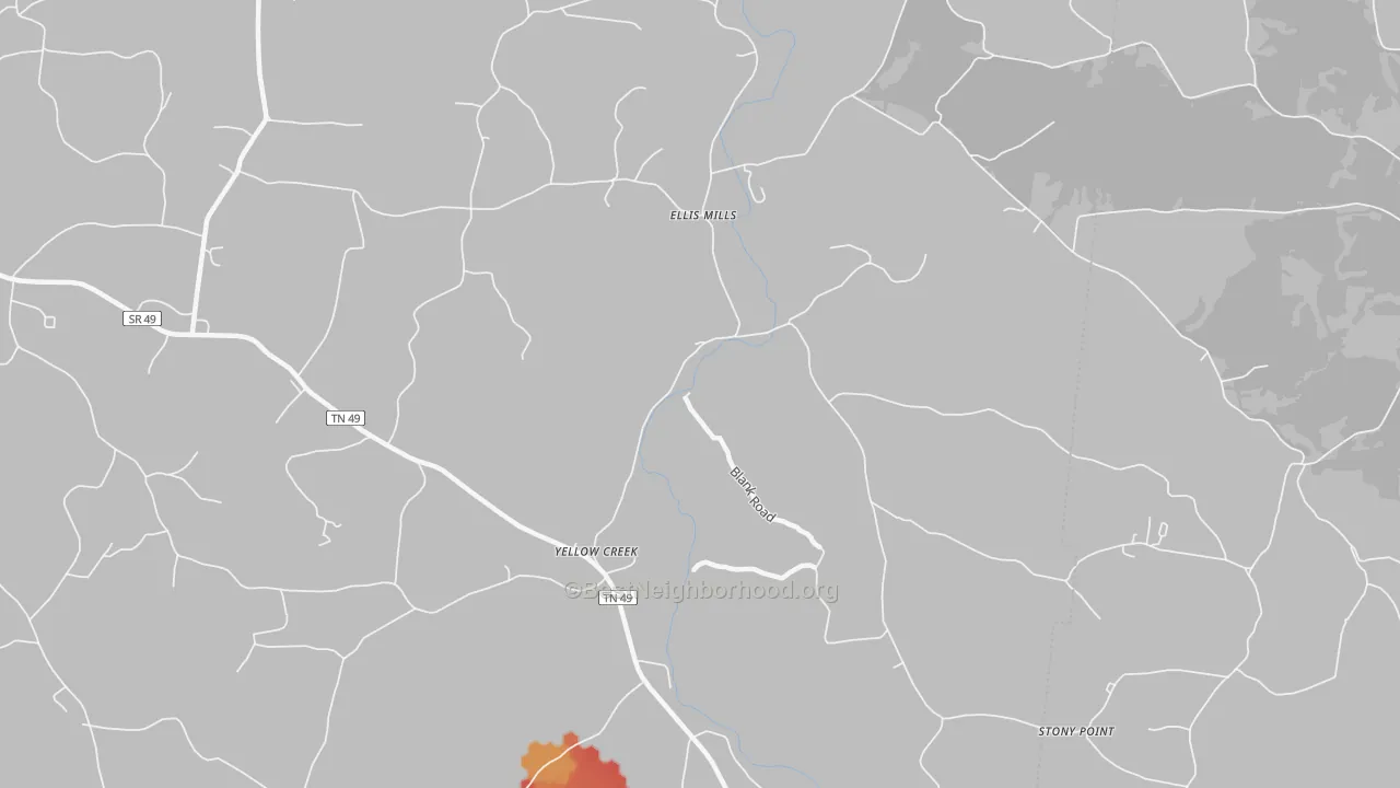 Walk Grade map of Ellis Mills, TN, walkable areas in green and car-dependent areas in red