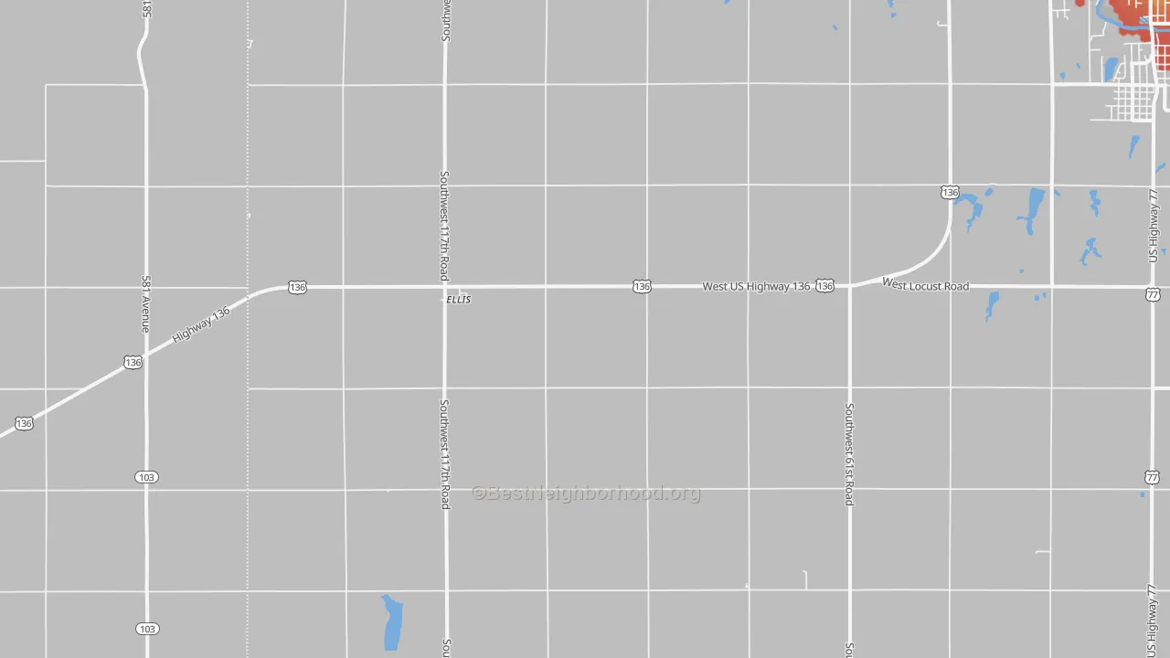 Walk Grade map of Ellis, NE, walkable areas in green and car-dependent areas in red