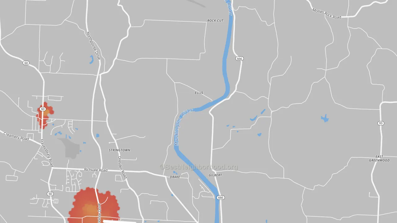 Walk Grade map of Ellis, OH, walkable areas in green and car-dependent areas in red