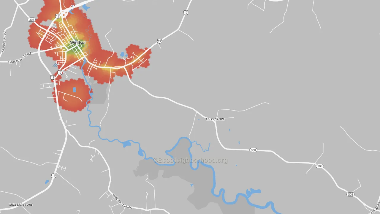 Walk Grade map of Ellis Store, NC, walkable areas in green and car-dependent areas in red