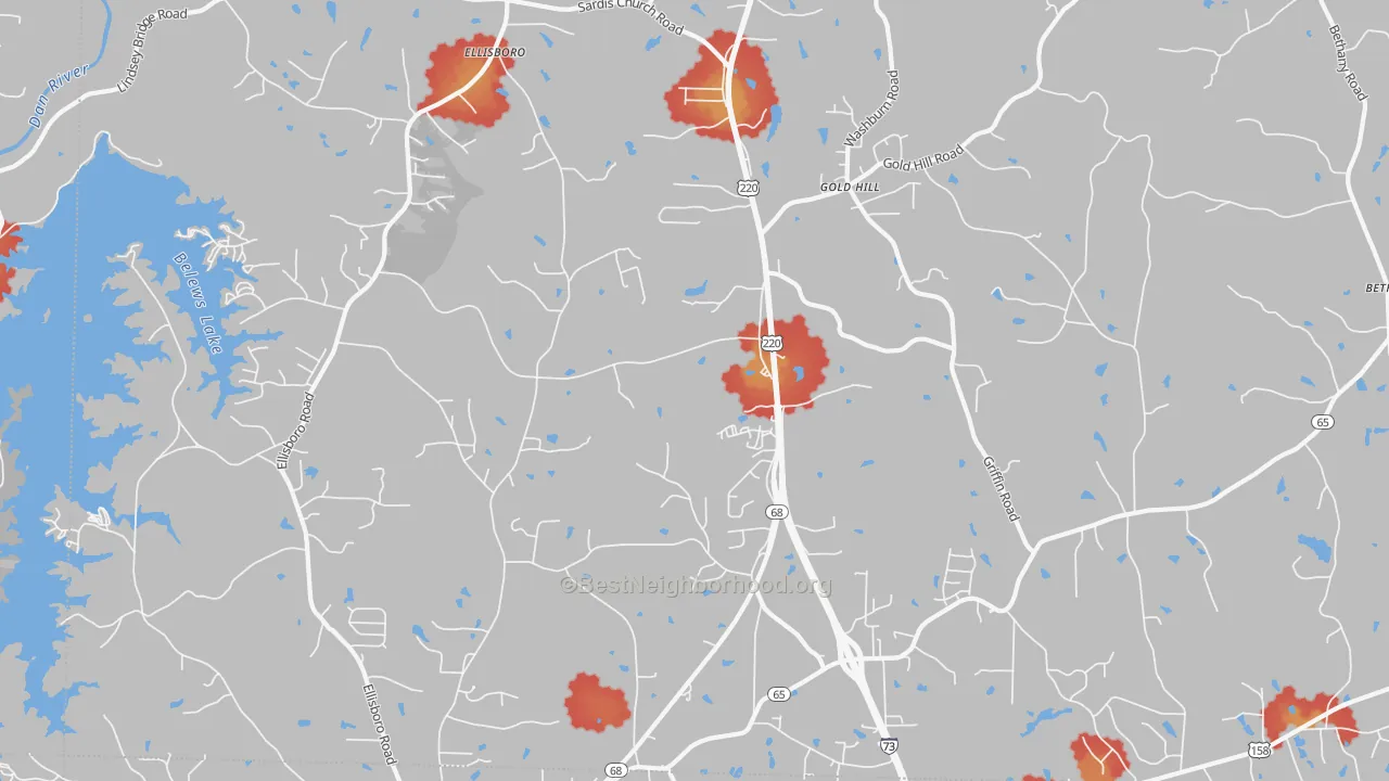 Walk Grade map of Ellisboro, NC, walkable areas in green and car-dependent areas in red