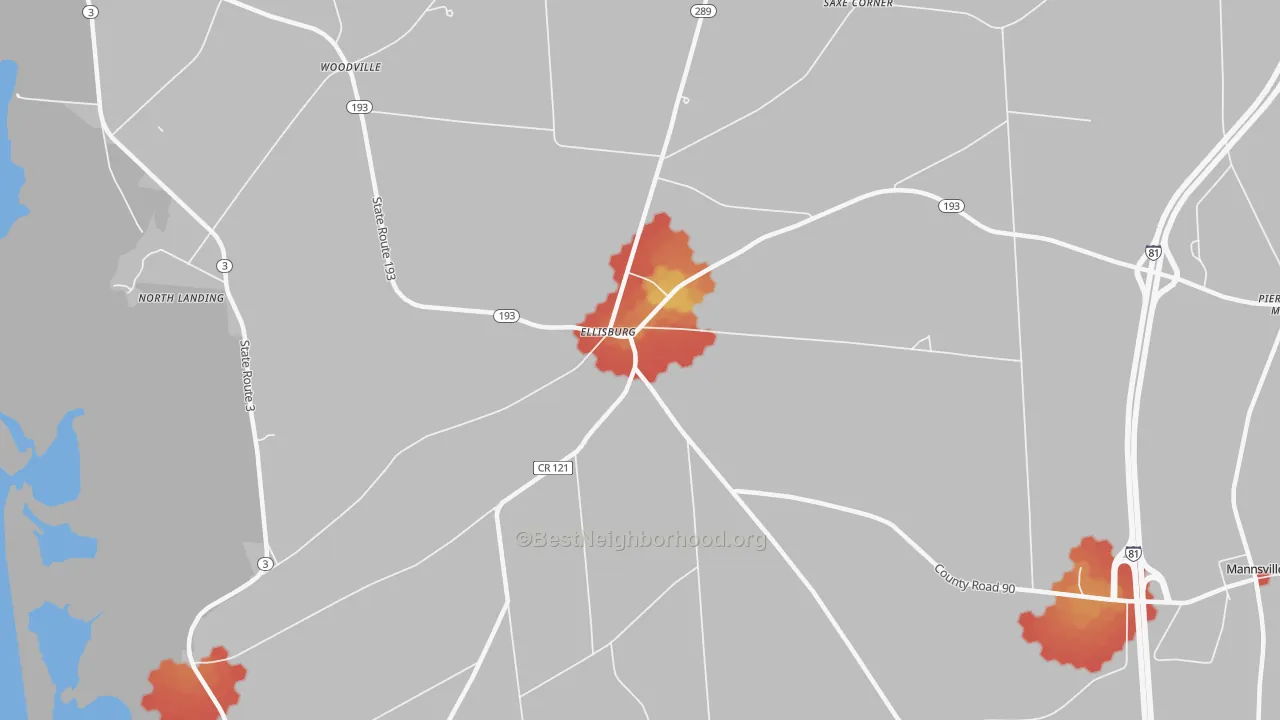 Walk Grade map of Ellisburg, NY, walkable areas in green and car-dependent areas in red