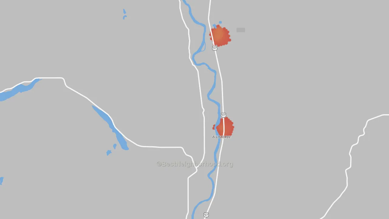 Walk Grade map of Ellisforde, WA, walkable areas in green and car-dependent areas in red