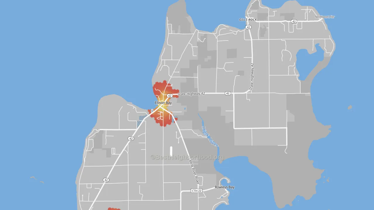Walk Grade map of Ellison Bay, WI, walkable areas in green and car-dependent areas in red