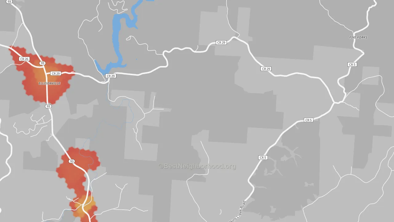 Walk Grade map of Ellisonville, OH, walkable areas in green and car-dependent areas in red
