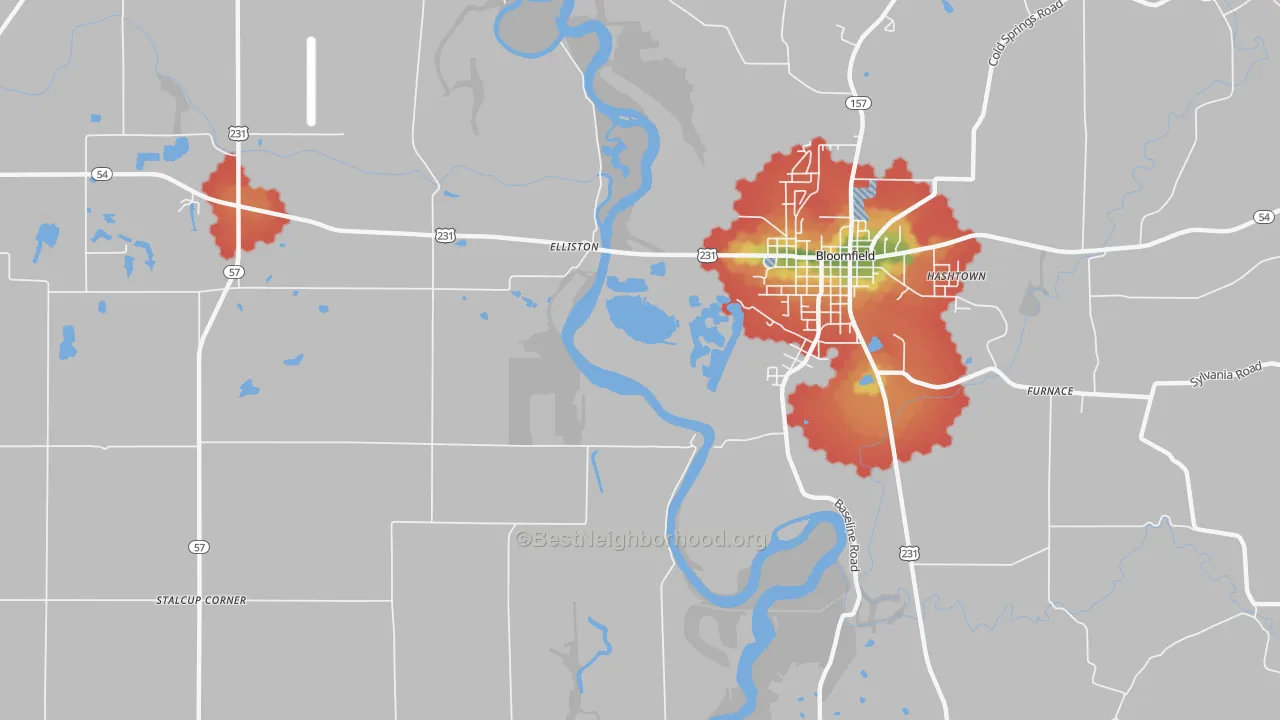 Walk Grade map of Elliston, IN, walkable areas in green and car-dependent areas in red