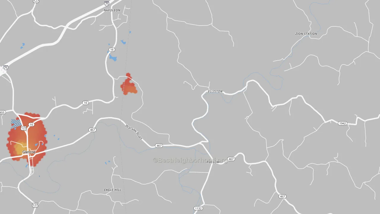 Walk Grade map of Elliston, KY, walkable areas in green and car-dependent areas in red
