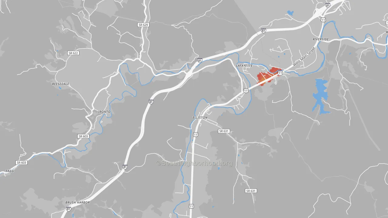Walk Grade map of Elliston, VA, walkable areas in green and car-dependent areas in red