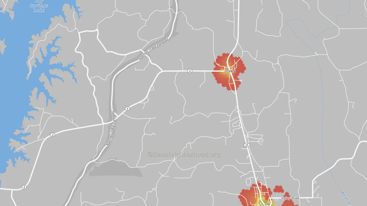 Walk Grade map of Ellistown, MS, walkable areas in green and car-dependent areas in red
