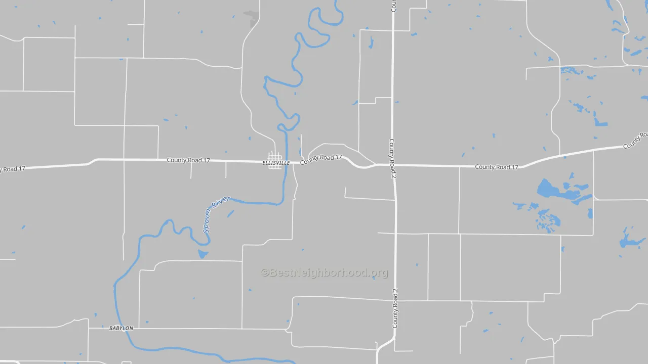 Walk Grade map of Ellisville, IL, walkable areas in green and car-dependent areas in red