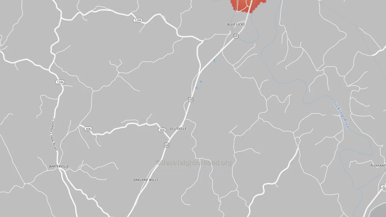 Walk Grade map of Ellisville, KY, walkable areas in green and car-dependent areas in red