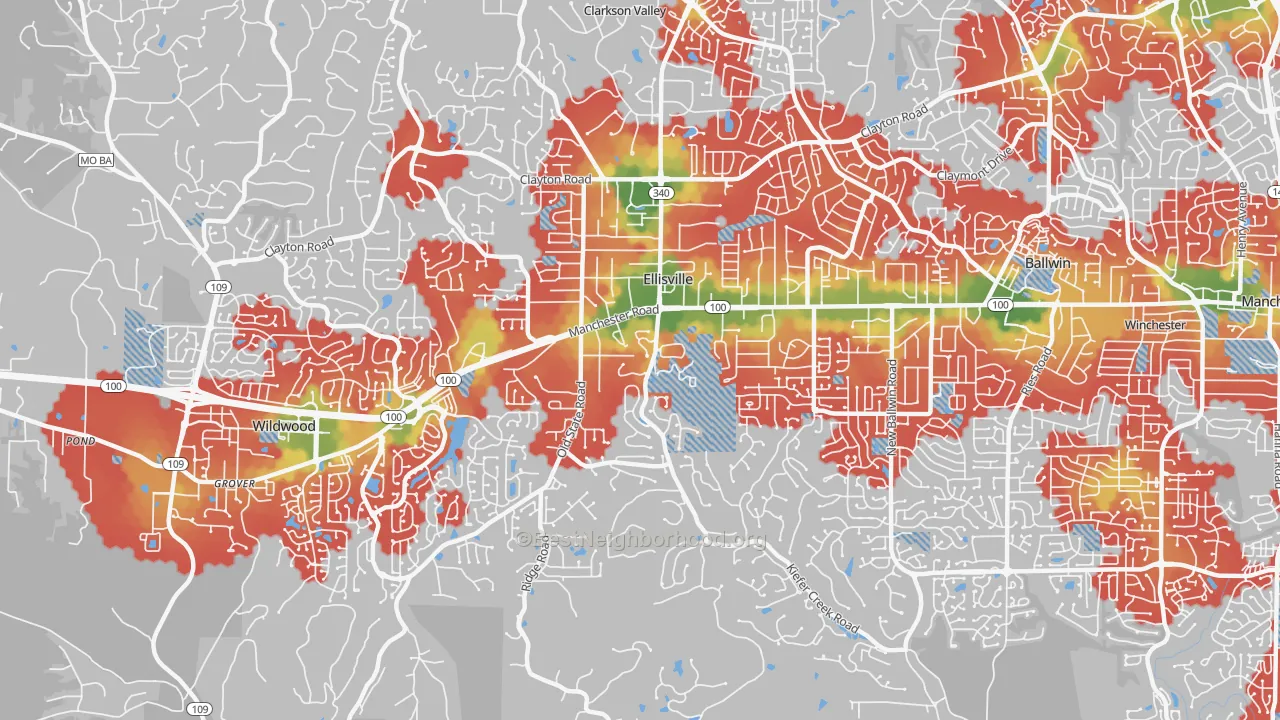 Walk Grade map of Ellisville, MO, walkable areas in green and car-dependent areas in red
