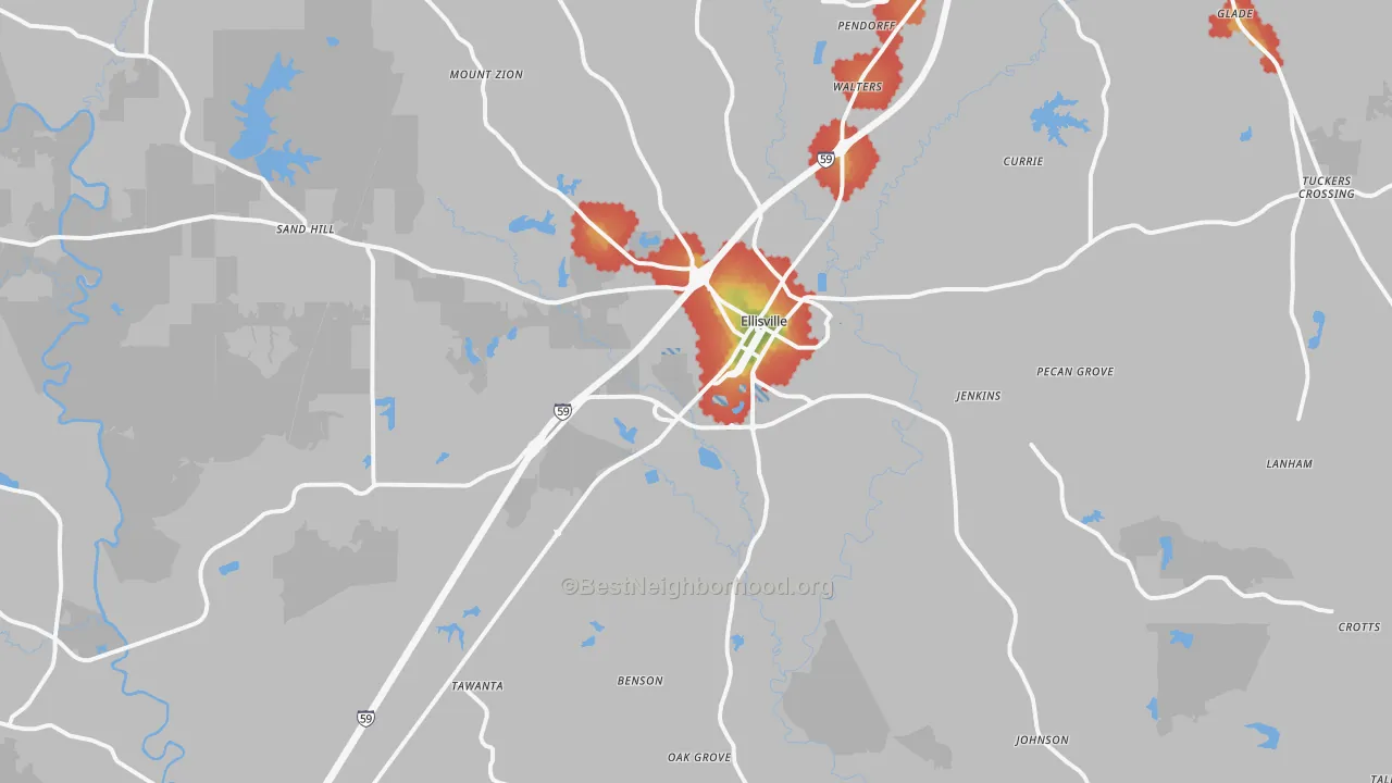 Walk Grade map of Ellisville, MS, walkable areas in green and car-dependent areas in red