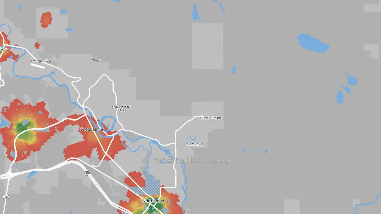 Walk Grade map of Ellisville, WA, walkable areas in green and car-dependent areas in red