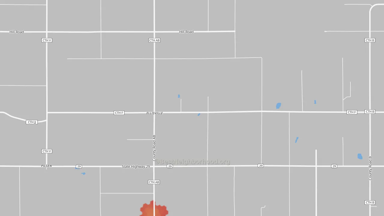Walk Grade map of Ellisville, WI, walkable areas in green and car-dependent areas in red