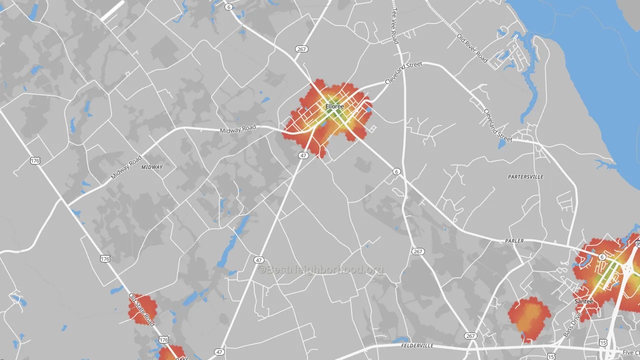 Walk Grade map of Elloree, SC, walkable areas in green and car-dependent areas in red