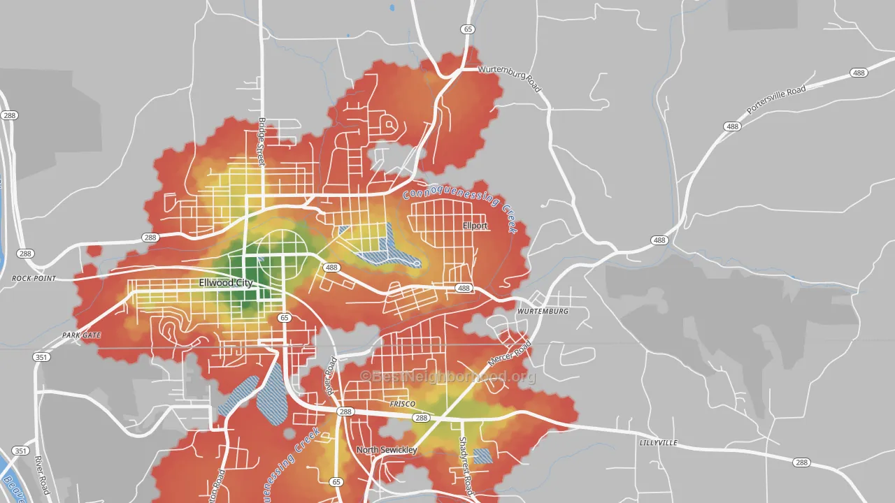 Walk Grade map of Ellport, PA, walkable areas in green and car-dependent areas in red