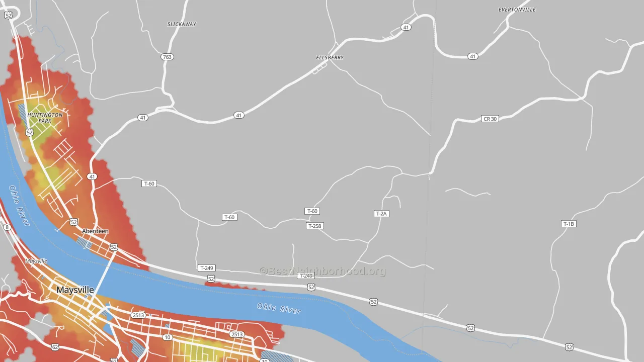 Walk Grade map of Ellsberry, OH, walkable areas in green and car-dependent areas in red