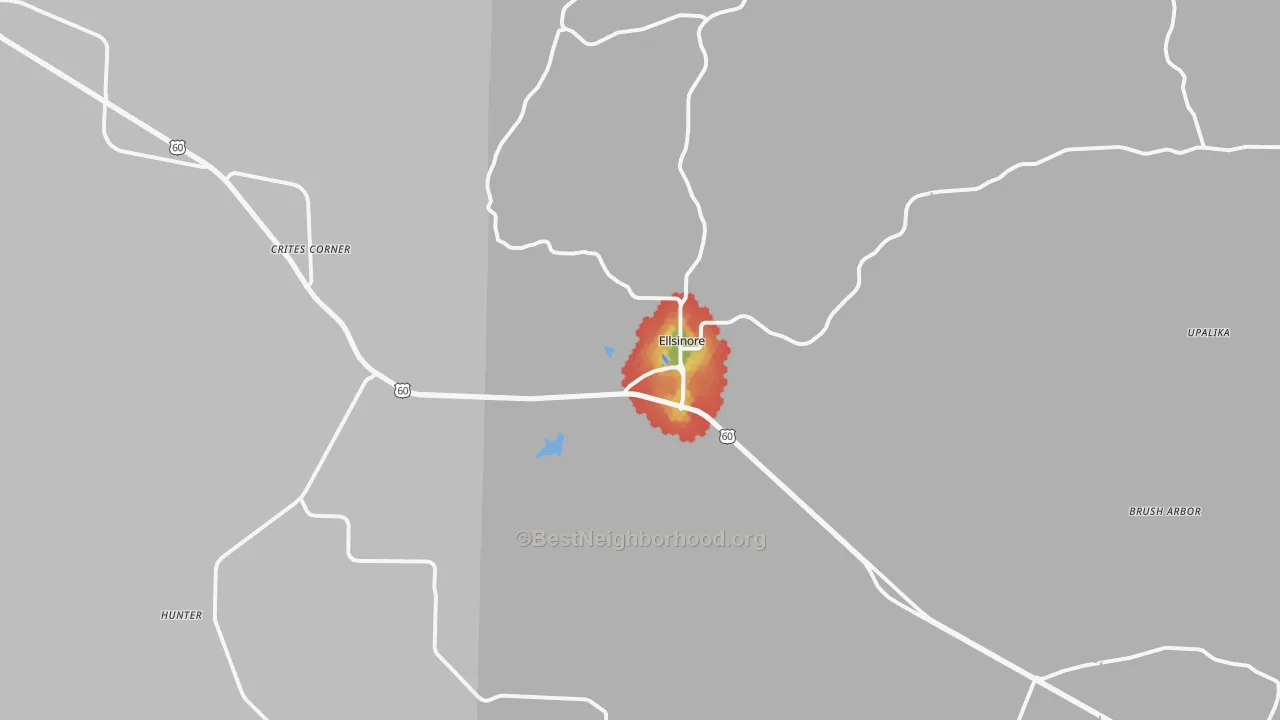 Walk Grade map of Ellsinore, MO, walkable areas in green and car-dependent areas in red
