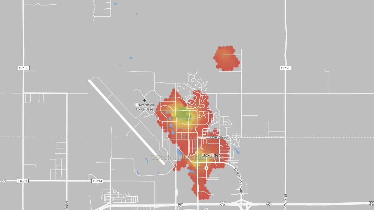 Walk Grade map of Ellsworth Afb, SD, walkable areas in green and car-dependent areas in red