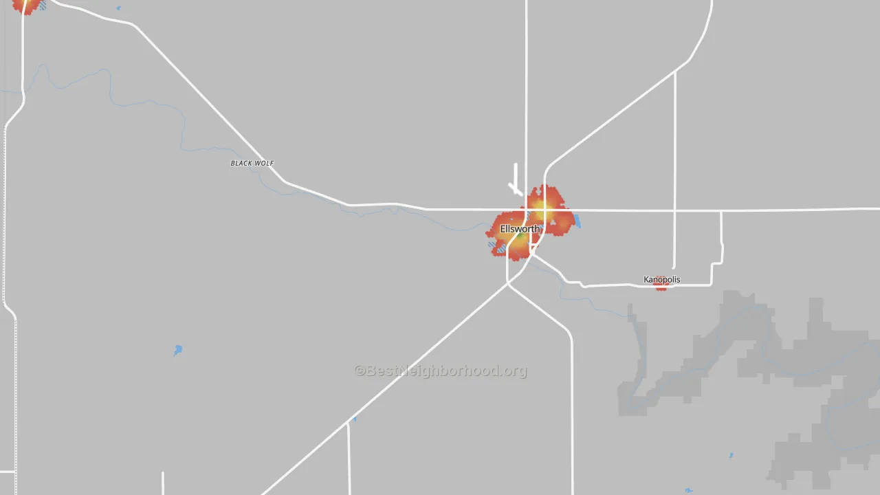 Walk Grade map of Ellsworth County, KS, walkable areas in green and car-dependent areas in red